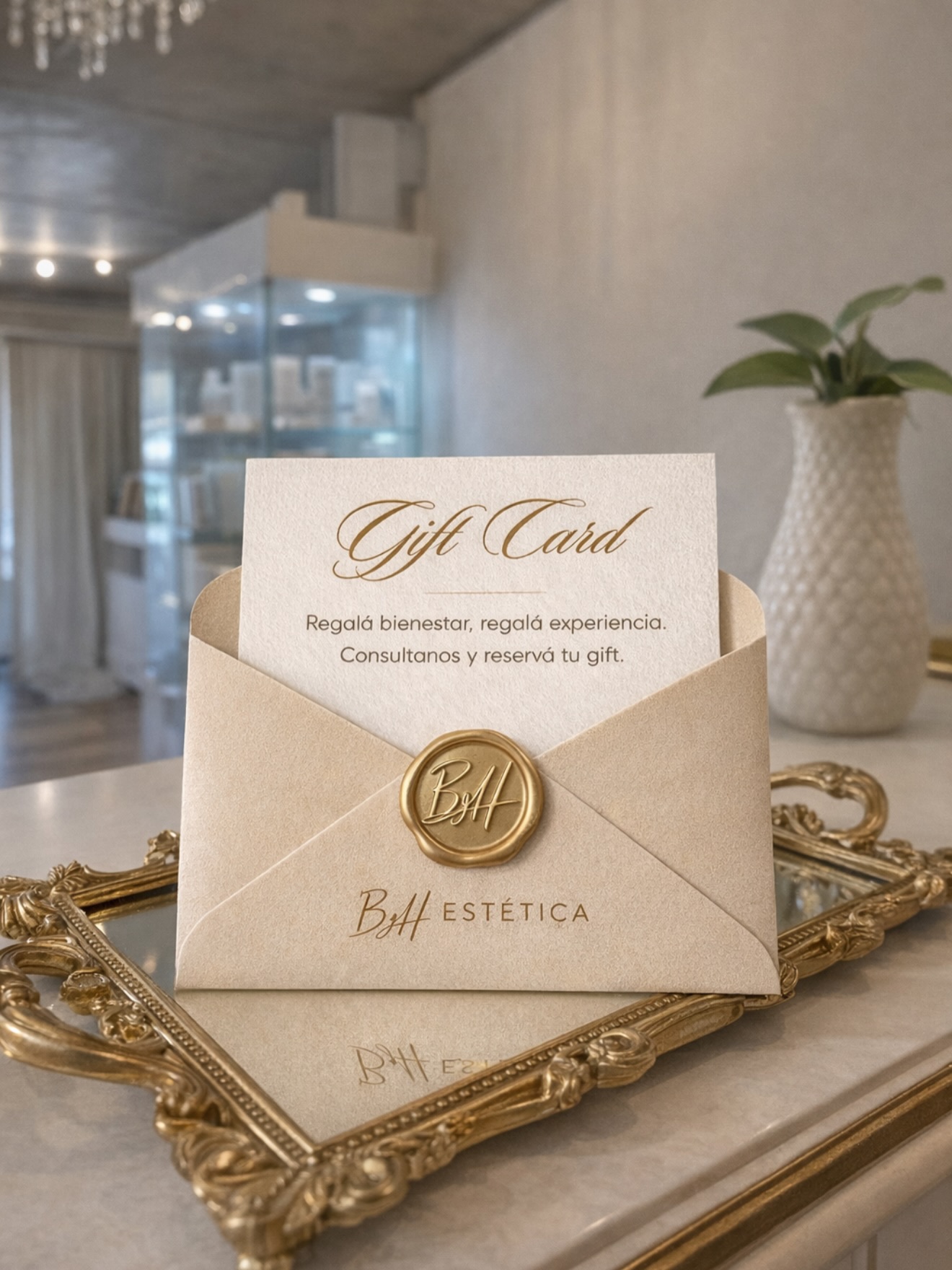 La gift card de ByH Estética: tarjeta con «Gift Card» en letra dorada dentro de un sobre con sello de lacre ByH